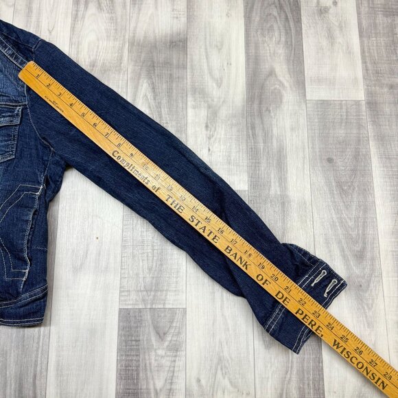 ✅Womens L Vanity Jean Jacket Blue Denim Button Up Pockets Dark Wash Distressed - Picture 6 of 10